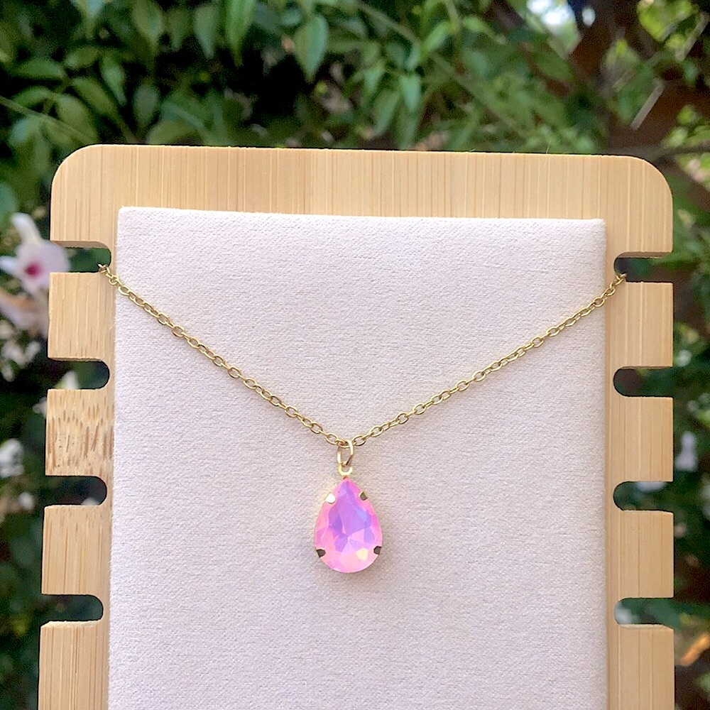 Pink Opal Aurora Borealis Pear Teardrop Crystal Pendant Necklace - Picture 11 of 14